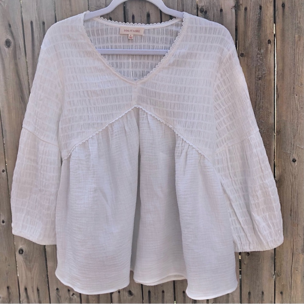 Solitaire white cotton baby doll style top smocked embroidered size L EUC - Picture 1 of 9